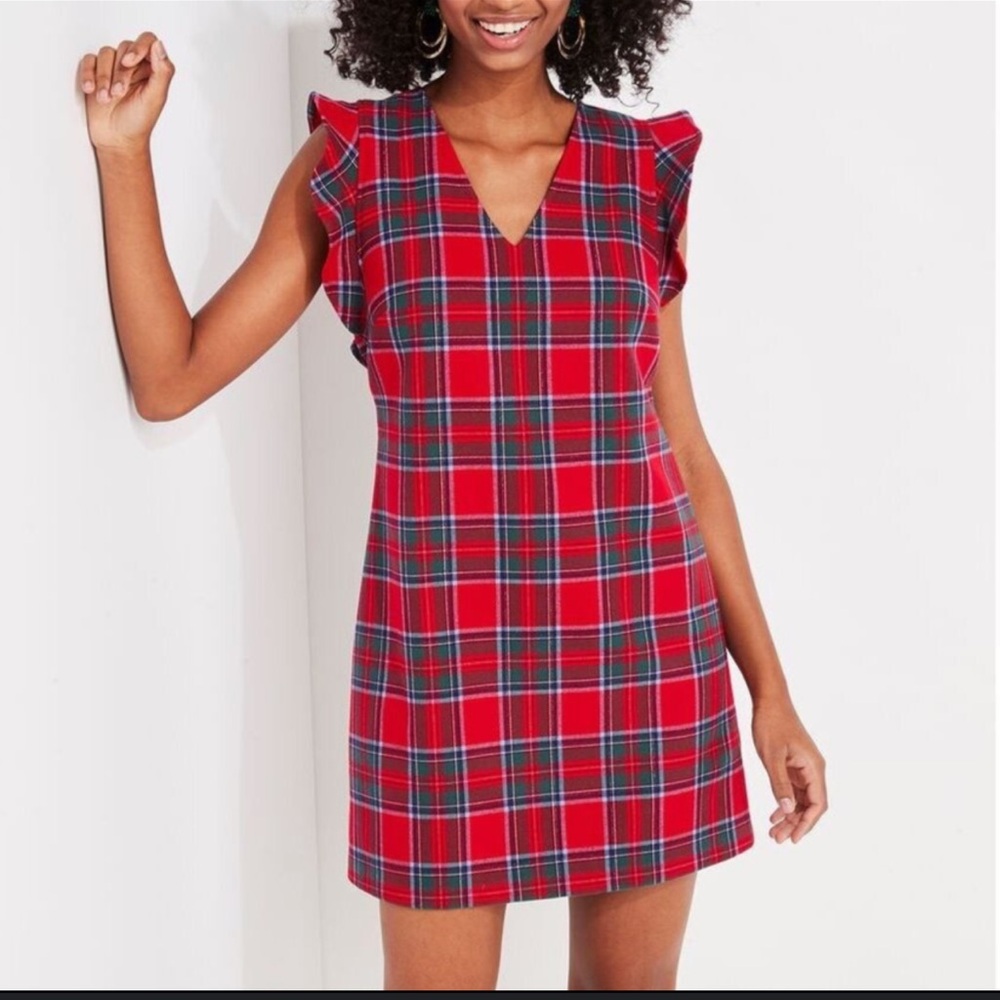 Vineyard Vines Nantucket Lurex Red Tartan Plaid Flutter Sleeve Shift Dress Sz 2